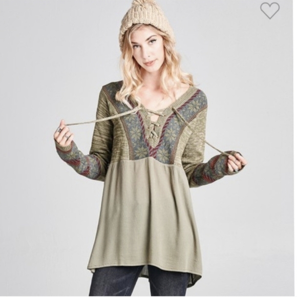 Boho Olive Green Lace-Up Neckline Top Peasant Tunic Long Sleeve Blouse NWOT‎ - Picture 3 of 8